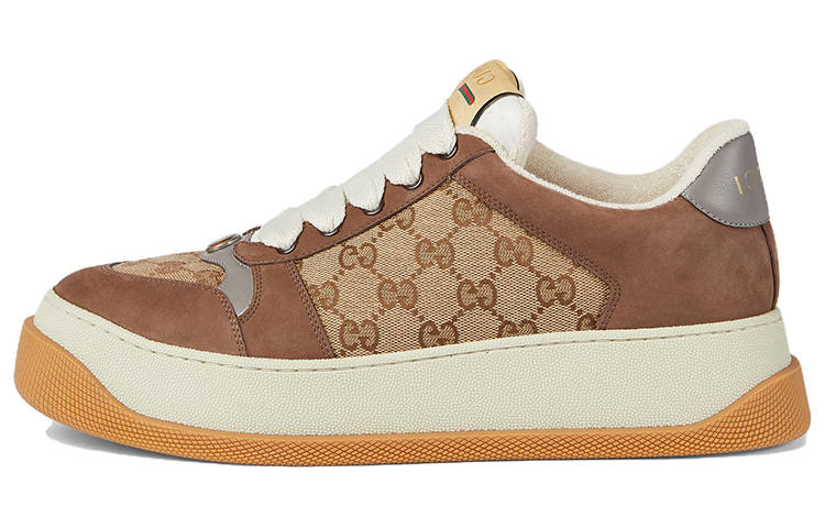GUCCI Screener Jigglypuff, Distressed Shoes Leather Low top Stylish Skateboarding Shoes Men's Beige & Ebony
