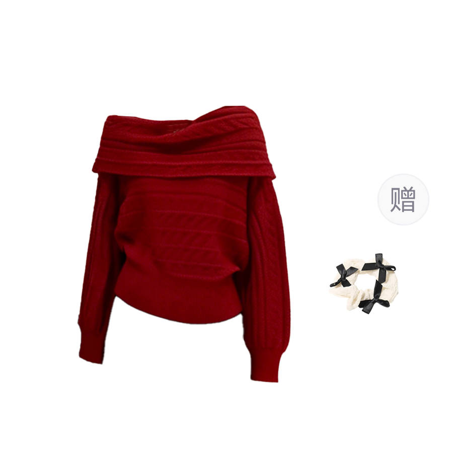 CPAURA Knitwear Women's Red Comes With Hair Tie Boat Neck Moderate Base Layer