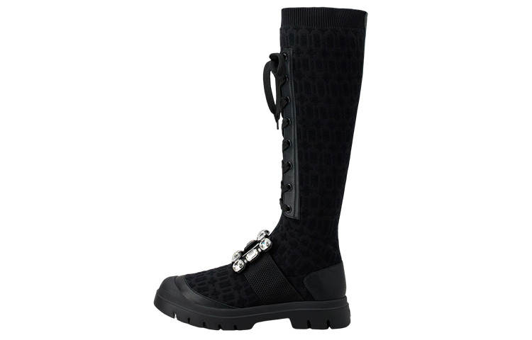 Roger Vivier Walky Viv' Leather Crystal Clasp Knee high Boots Women's Black