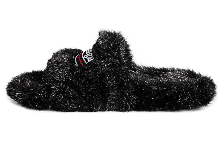 Balenciaga Logo Embroidered Faux Fur Slides Women's