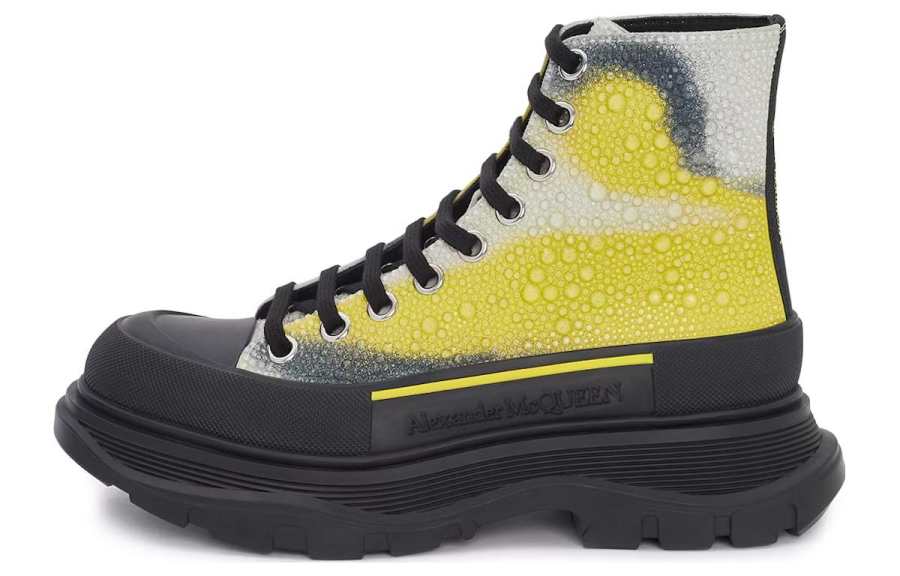 Alexander McQueen Tread Slick Lace Up Boot Mushroom Spores Print Embellished Crystals White Yellow Black Women's