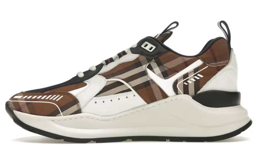 Burberry Vintage Check Cotton And Leather Sneakers Dark Birch Brown White