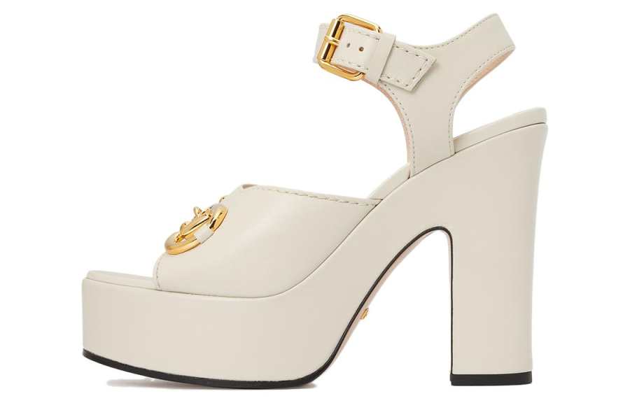 GUCCI Horsebit Leather Horsebit One Strap Sandals 12cm Women's White