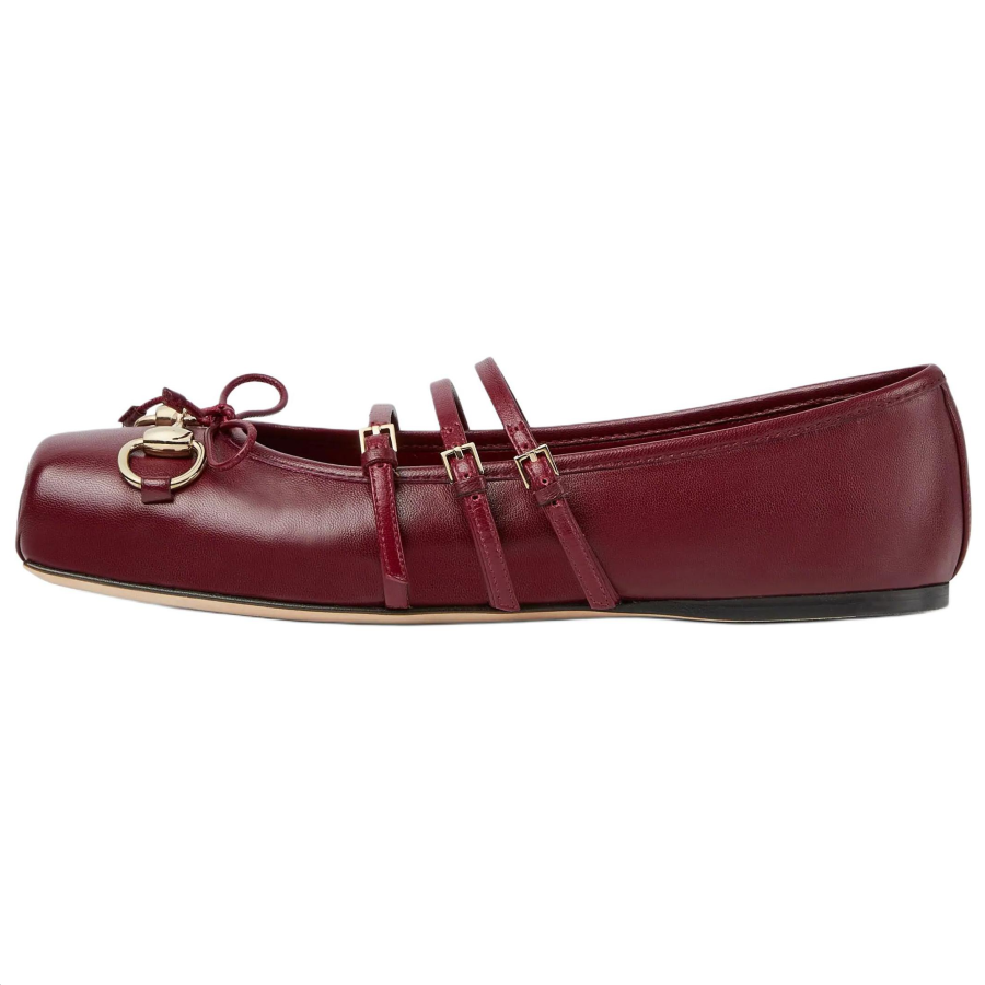 GUCCI Horsebit Leather Flat Mary Jane Shoes Women's Red