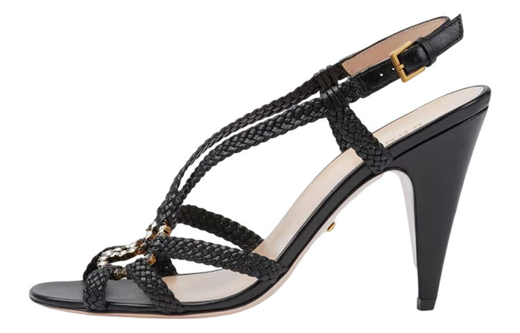GUCCI Crystal Interlocking G Heeled Sandals Black Braided Leather Women's