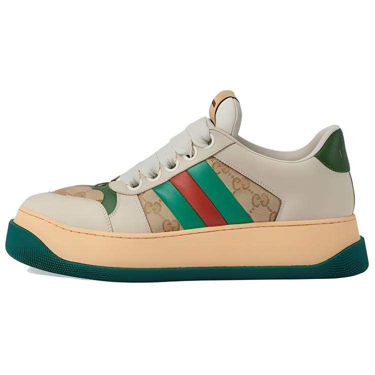 GUCCI Screener Jigglypuff, Distressed Shoes Leather Low top Skateboard Shoes Men's Beige Green