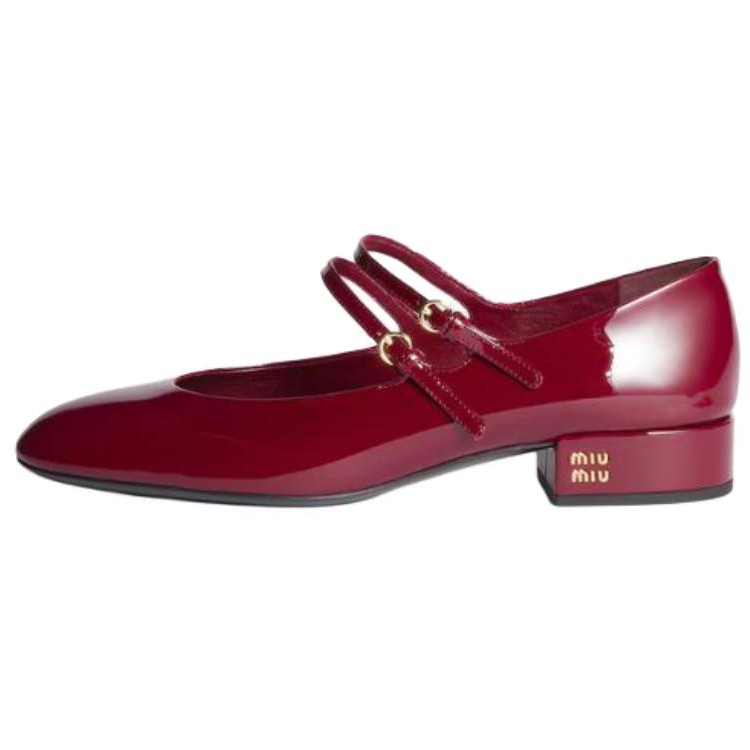 MIU MIU Patent Leather, Leather Chunky Heel Mary Jane Shoes Women's Burgundy