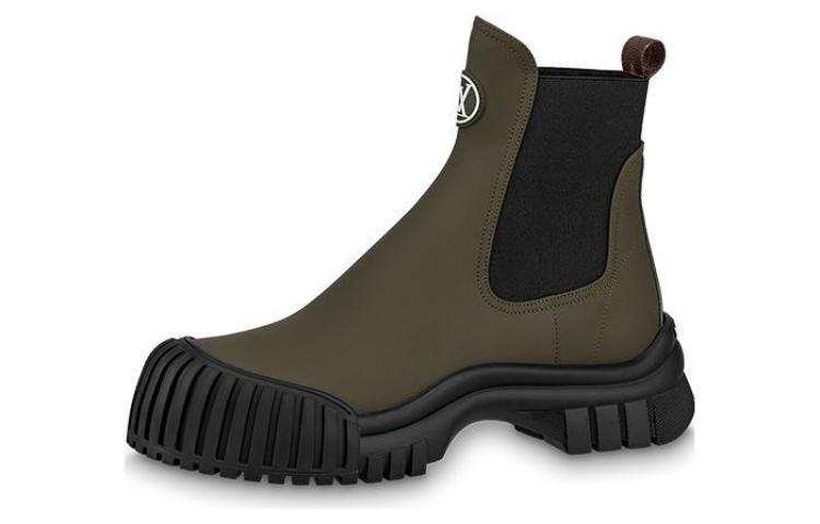 LOUIS VUITTON Ruby Top Grain Cow Leather Crew Chelsea Boots Women's Khaki Green