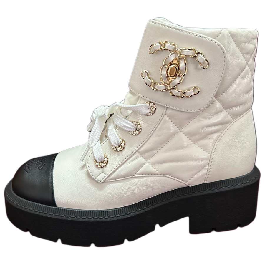CHANEL CHANEL Leather Ankle Boots Women's White & Black