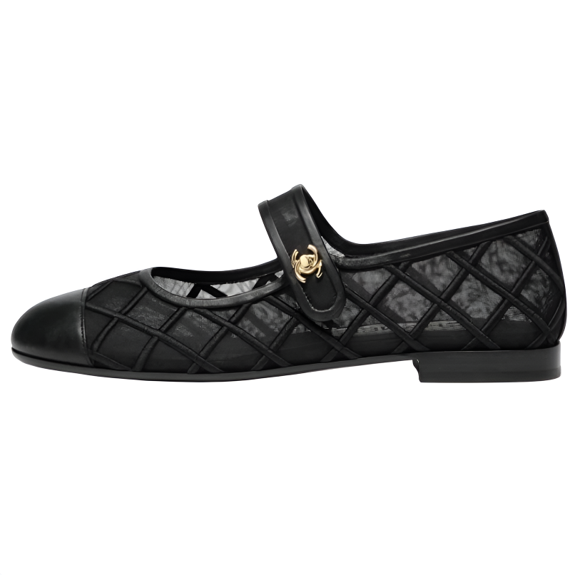 CHANEL Coco Beach 25M Fabric Flat Mary Jane Shoes Women's Black