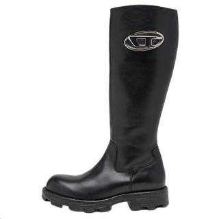 DIESEL OVAL D Cow Leather Knee high Boots Women's Black
