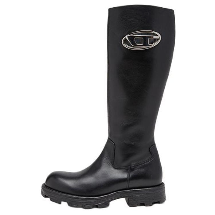 DIESEL OVAL D Cow Leather Knee high Boots Women's Black