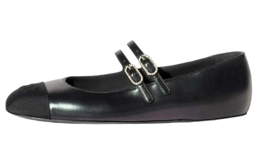 CHANEL Leather Flat Mary Jane Shoes Women's Black