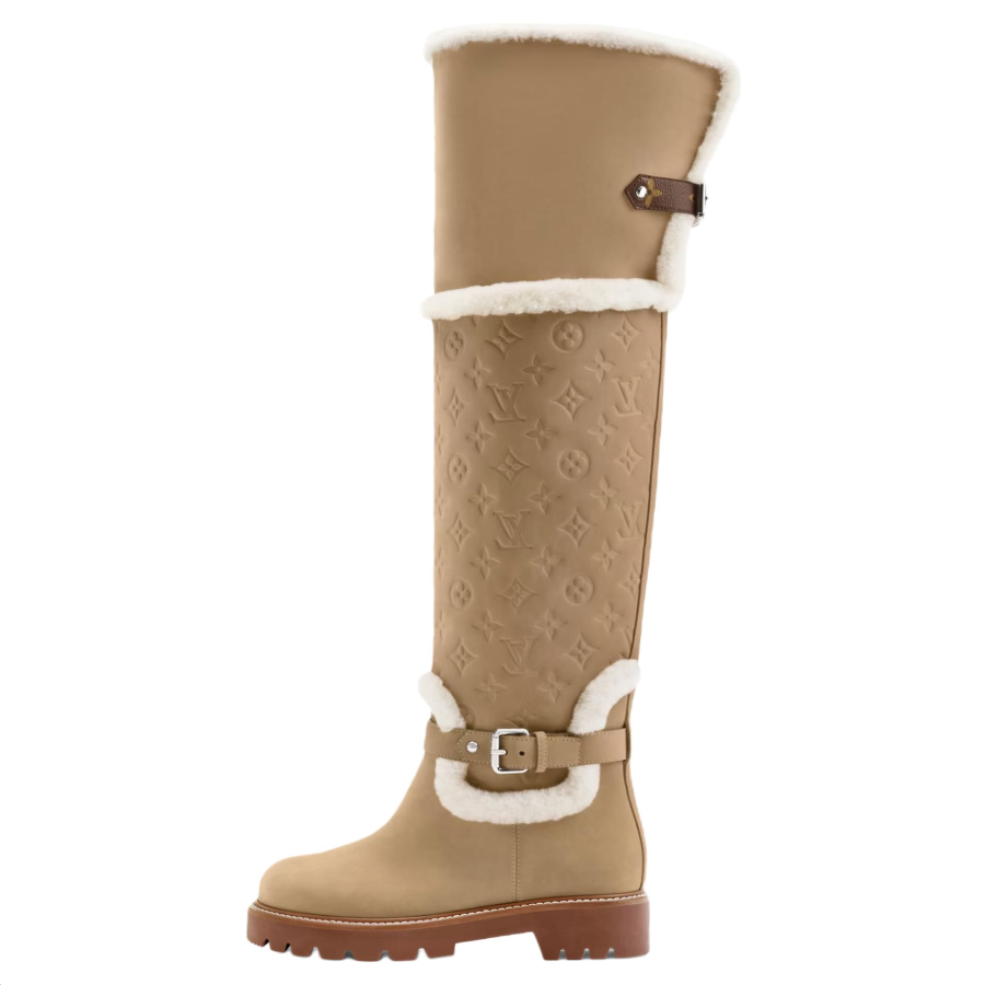 LOUIS VUITTON Territory Suede Over the Knee Snow Boots Women's Beige