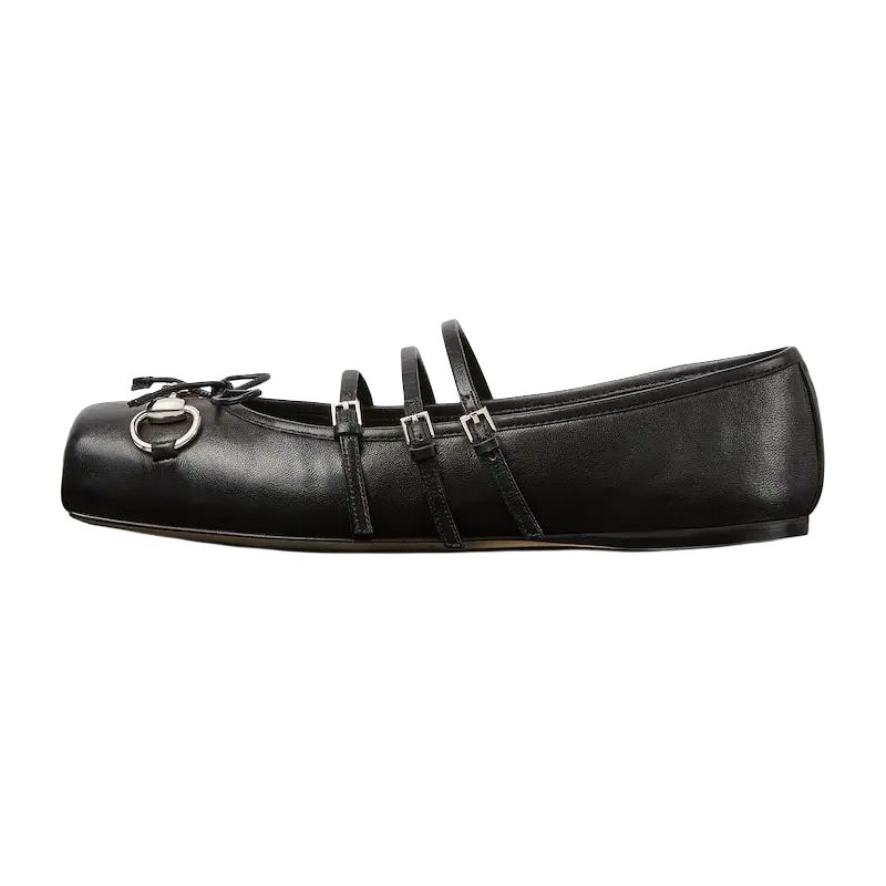 GUCCI Horsebit Sheepskin Flat Mary Jane Shoes Women's Black