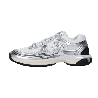 CHANEL CC Logo Sneakers White Silver Women's