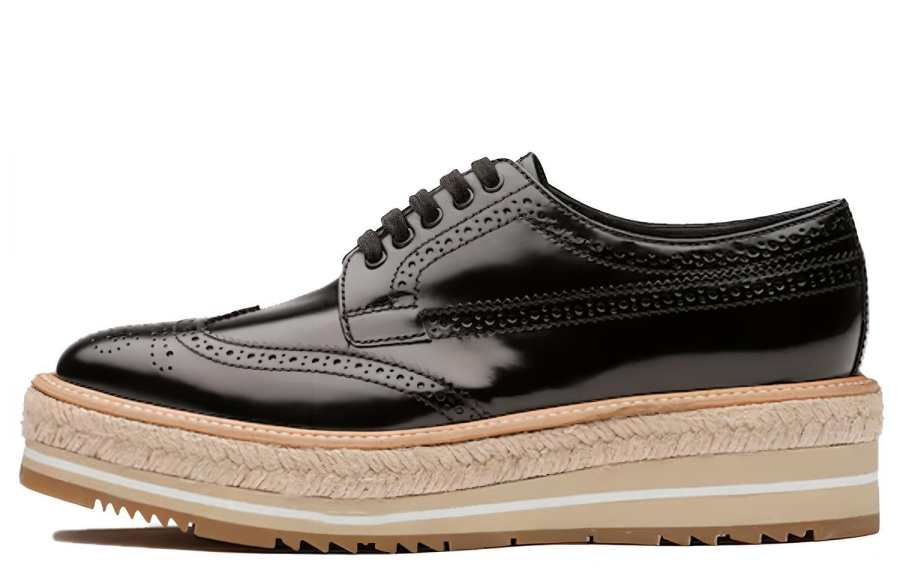 PRADA PRADA Brogue Trim Microsole Brushed Leather Shoes 'Black' Women's