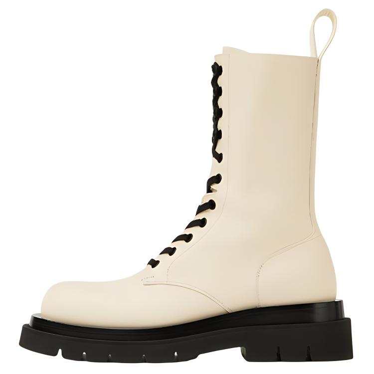 Bottega Veneta Lug Leather Lace Up Short Mid Calf Ankle Boots Women's Sea Salt Color