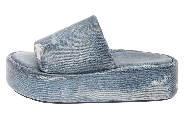 Balenciaga Rise Printed Leather Slippers Blue Women's