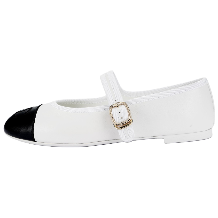 CHANEL 25S Leather Flat Mary Jane Shoes Women's White
