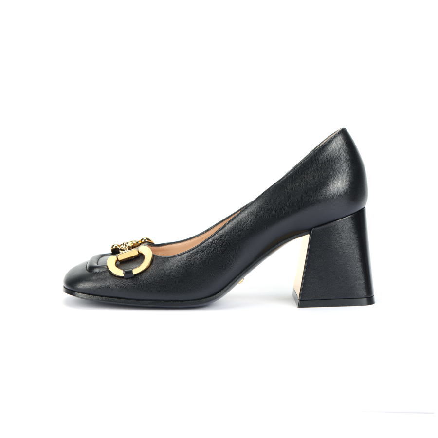 GUCCI Horsebit Cow Leather Chunky Heel High Heels Women's Black