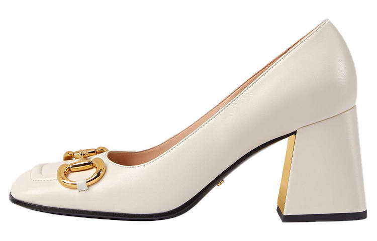 GUCCI Horsebit Leather Block Heel High Heels 7cm Women's White