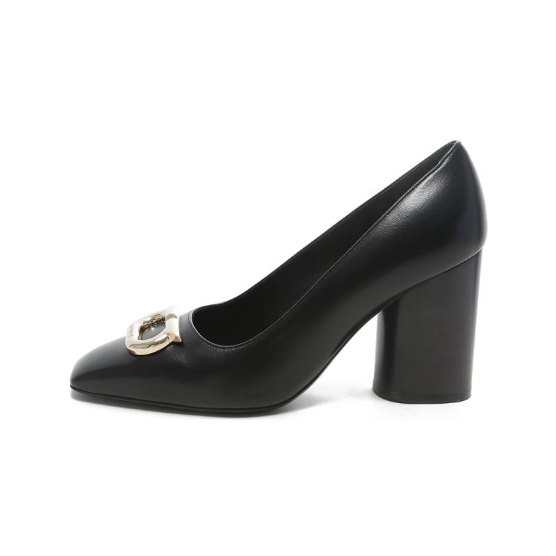 FERRAGAMO Pania Sheepskin Chunky Heel High Heels 8.5cm Women's Black