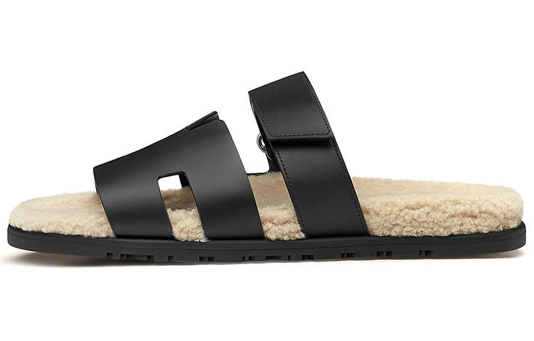 HERMES HERMES Chypre Sandal Noir Leather Woolskin M