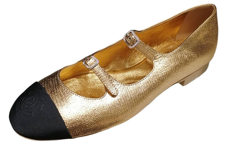 CHANEL Leather Mary Jane Shoes Women's Gold Black