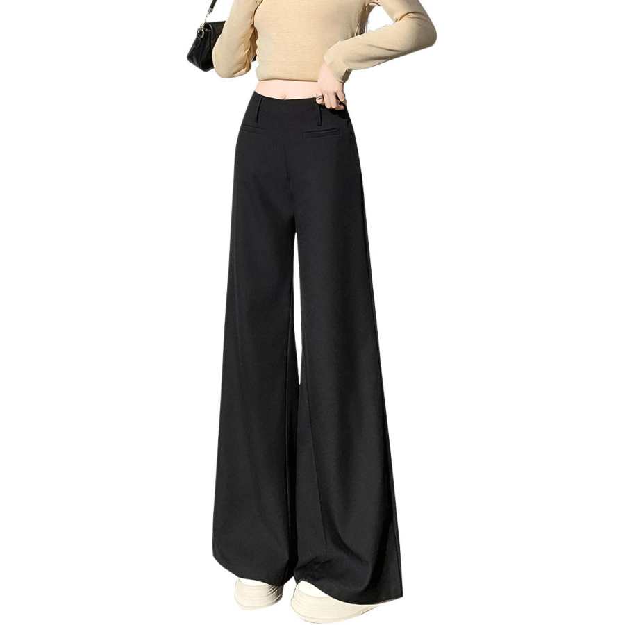 Tonlion Casual Pants Women's Black Thickened And Fleece Lined Wide Leg Pants