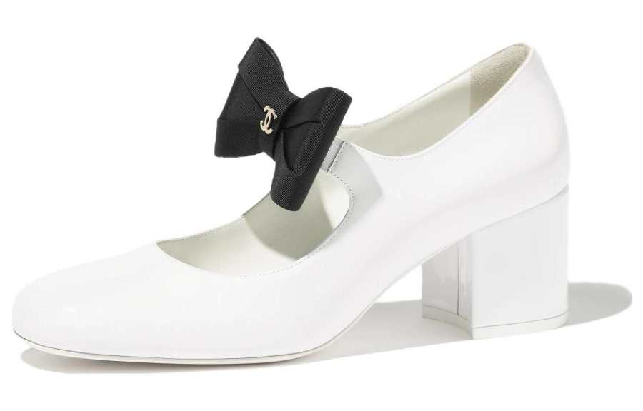 CHANEL Patent Leather Chunky Heel Mary Jane Shoes Women's White