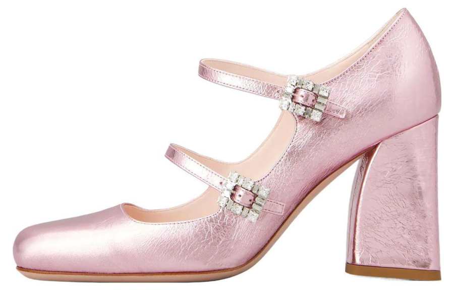 Roger Vivier Leather Minimalist Fashion Chunky Heel Mary Jane Shoes 8cm Women's Pink