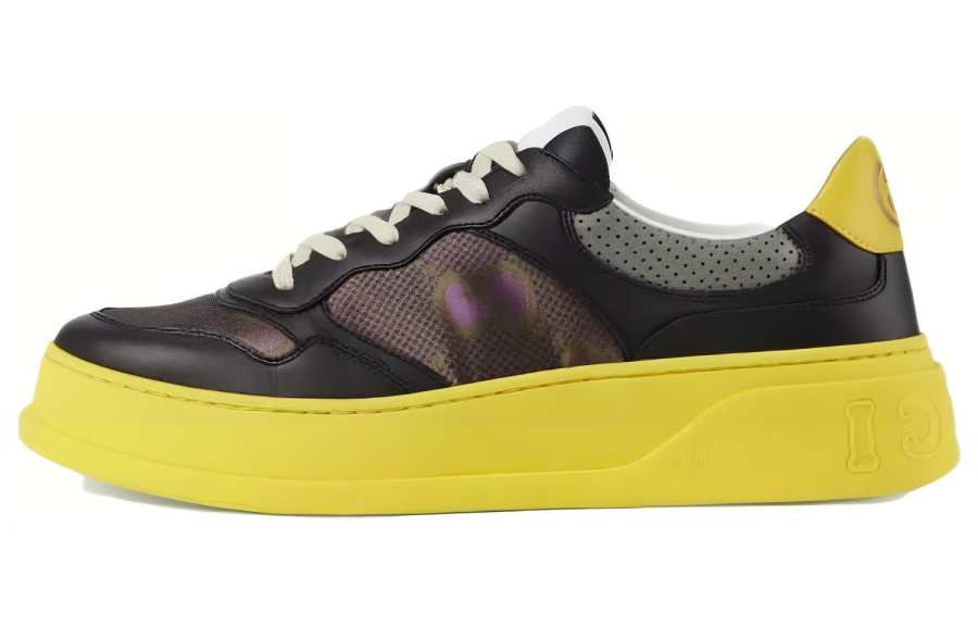 GUCCI Chunky B GG Leather Low top Stylish Skateboarding Shoes Men's Black Yellow