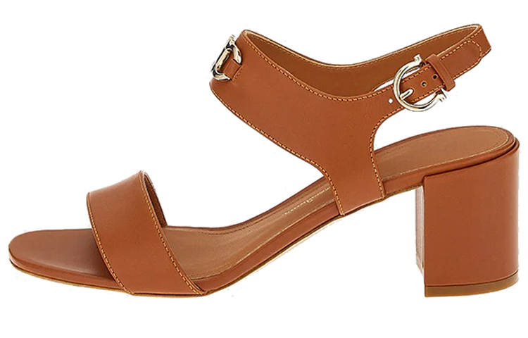 FERRAGAMO Top Grain Cow Leather Chunky Heel One Strap Sandals Women's Brown