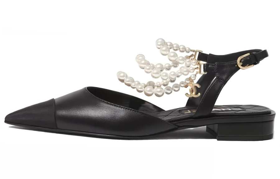 CHANEL Leather Pointed Toe Flat Shoes Women's Black