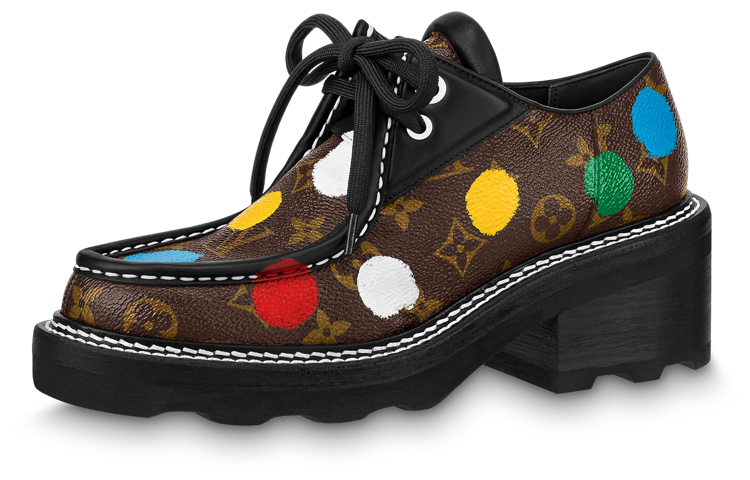 LOUIS VUITTON Yayoi Kusama x LOUIS VUITTON Beaubourg Lace Up Chunky Heel Mid Low Heel Shoes Women's Brown
