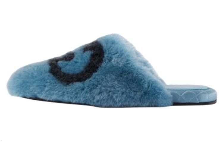 GUCCI Interlocking G Faux Fur Slippers Blue Black Women's