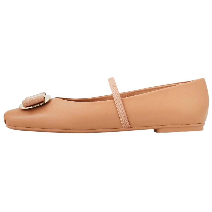 FERRAGAMO Vara Leather Flat Mary Jane Shoes Women's Apricot