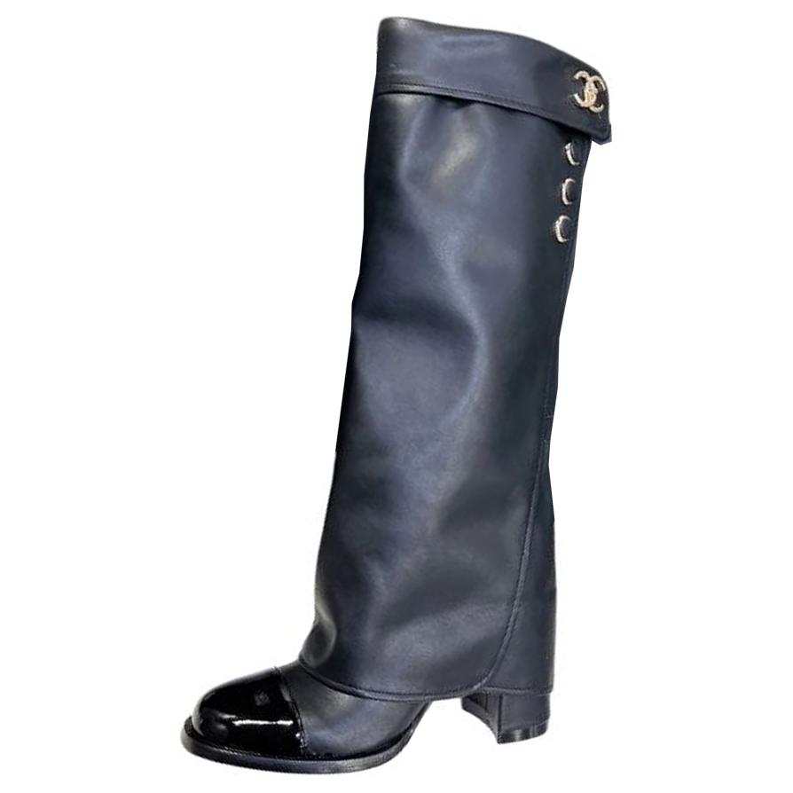CHANEL CHANEL Leather Knee high Boots Women's Black