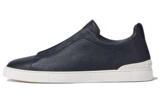Ermenegildo Zegna Triple Stitch Leather Round Tip Low top Stylish Skateboarding Shoes Men's Marine Blue