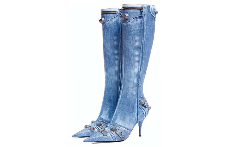Balenciaga Cagole Leather Knee high Boots Women's Blue