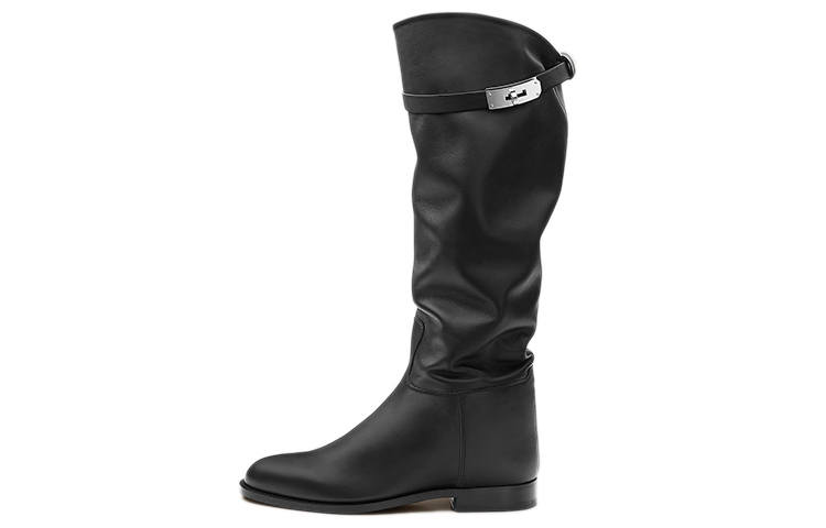 HERMES HERMES Jumping Leather Soft Knee high Boots Women's Black