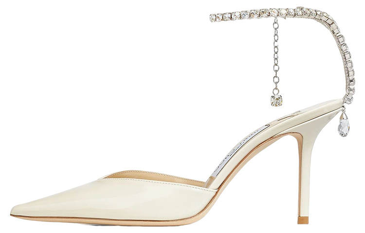 Jimmy Choo Saeda Leather Pointed Toe Slim Heel High Heels 8.5cm Women's Linen Vs. Crystal
