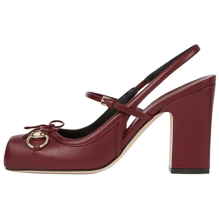 GUCCI Horsebit Leather Chunky Heel High Heels 9.5cm Women's Red