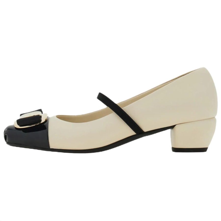 FERRAGAMO Vara Cow Leather Chunky Heel Mary Jane Shoes 4cm Women's Mascarpone Cheese Color