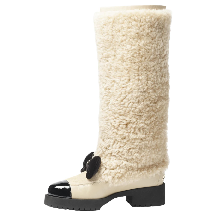 CHANEL COCO NEIGE 25N Knee High Snow Boots Women's Beige & Black
