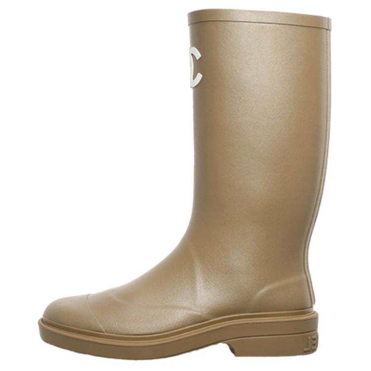 CHANEL Rubber Rain Boots Dark Beige Women's