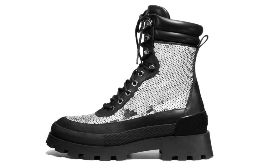 MICHAEL KORS MICHAEL KORS Leather Crew Combat Boots Women's Black Silver