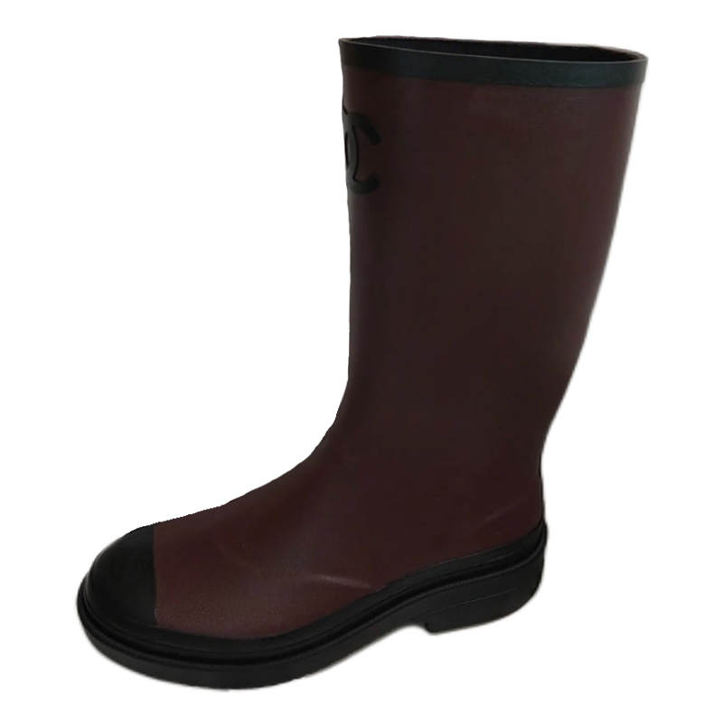 CHANEL Calfskin Rain Boots Women's Burgundy