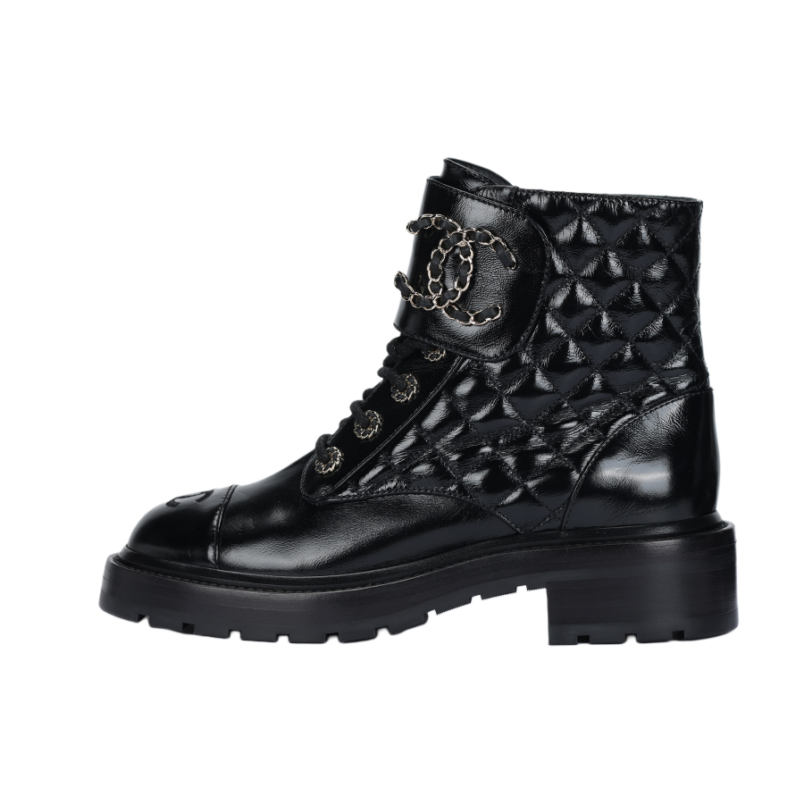 CHANEL CHANEL Quilted Combat Boot Black Leather Women's